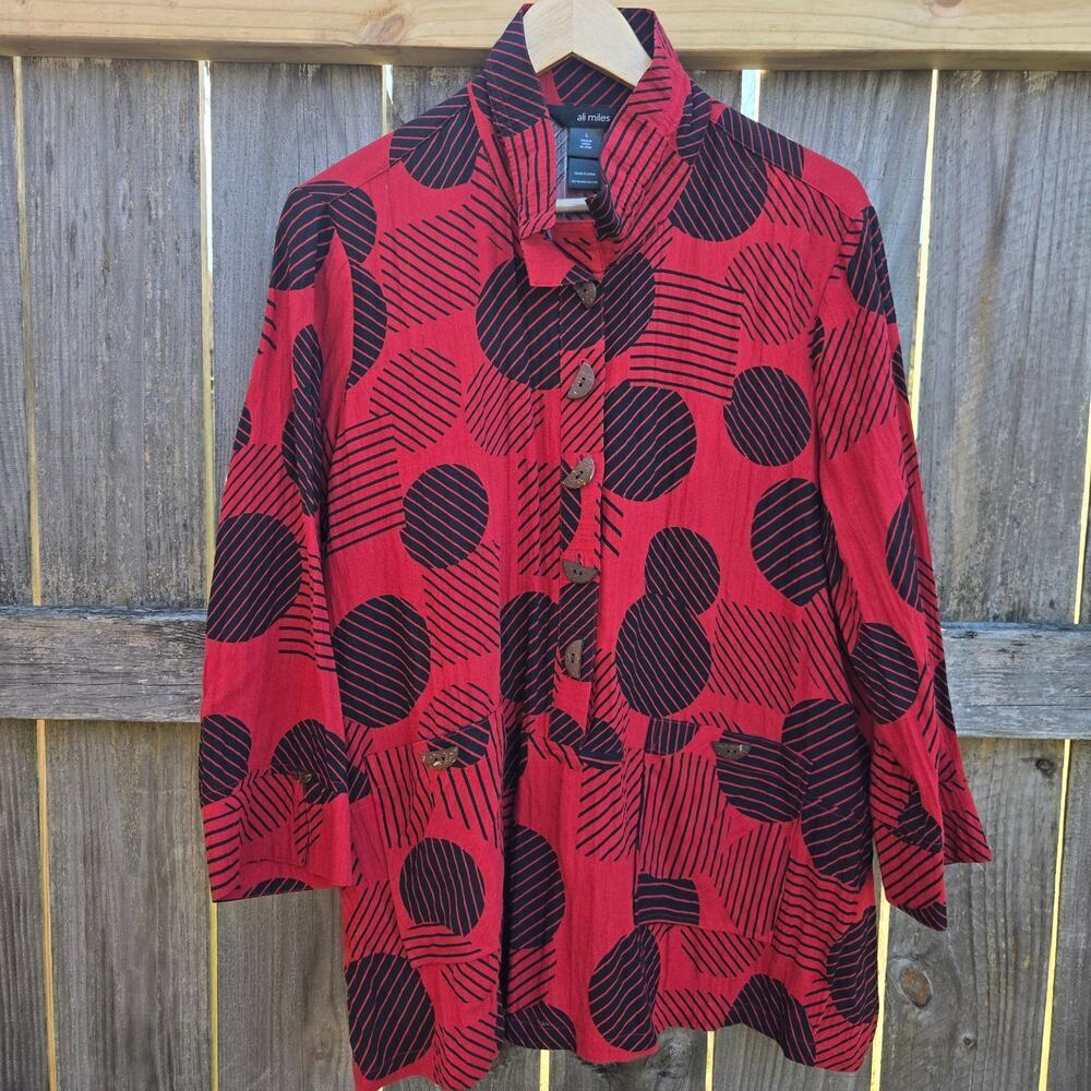 Ali Miles Womens Red Tunic Top L Artsy Boho Lagenlook Oversized Eclectic